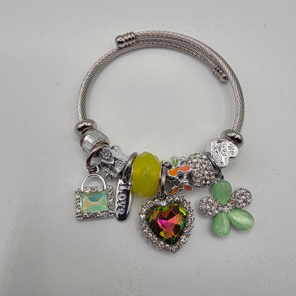Silver Tone Twisted Cable Charm Cuff Bracelet Iridescent Heart Clover Love Multi
